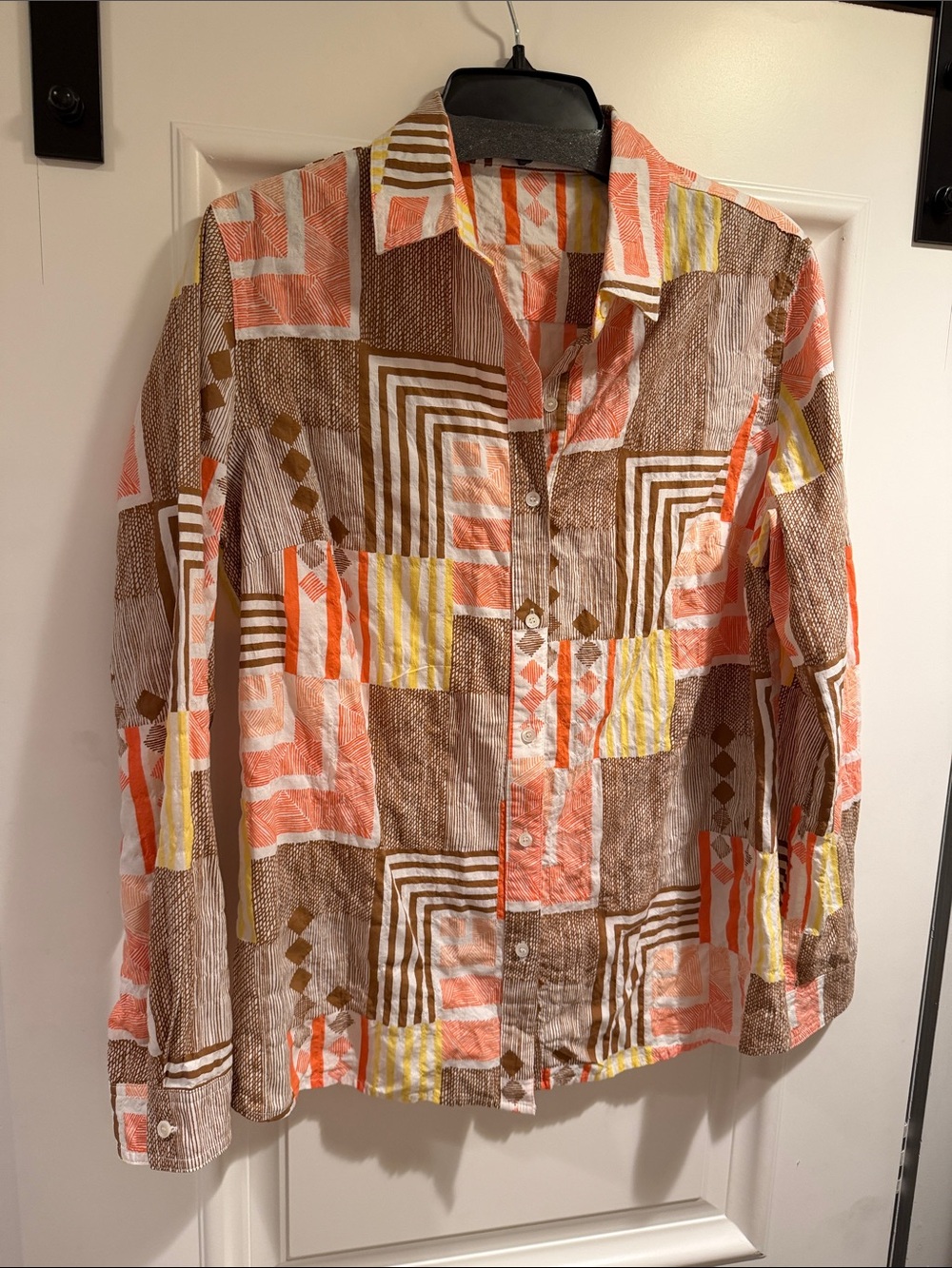 J McLaughlin Women's Printed Button-Up Shirt in Coral, Yellow & Brown